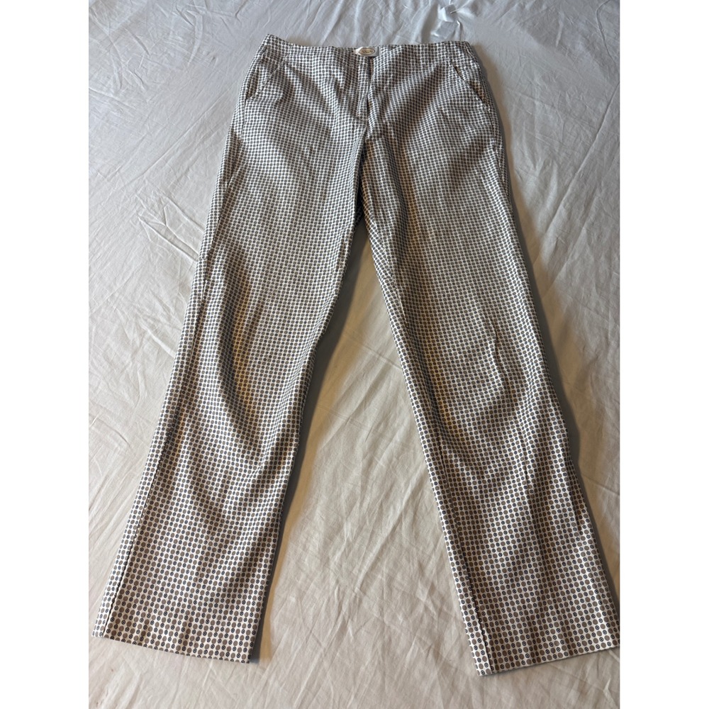 Talbots Ankle Pants Womens 6 Tan Navy Geometric Print Side Slit Hem